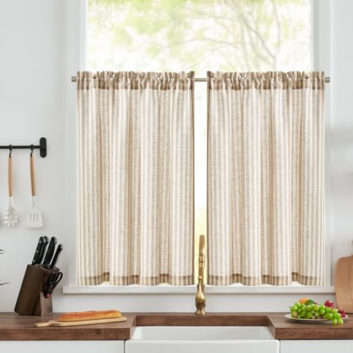 TOPICK Kitchen Curtains, Linen Look Cafe Curtains W36 xL36 Taupe Striped | 2 Panels 36 Inch Drop Rod Pocket Small Light Filtering Privacy Curtains for Living Room, Bedroom, Cupboard Base, Sink