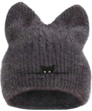 Cuffia per orecchie di gatto per le donne, berretto per orecchie di gatto in lana lavorata a maglia solida, berretto maglione caldo, estensibile, grigio, Taglia unica