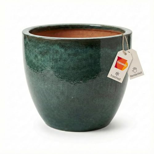 Teramico Premium Vaso per Piante in Ceramica Smaltata – 100% Resistente al Gelo & Fatto a Mano. Vaso da Fiori con Foro per Esterni & Interni. Vaso Decorativo Unico Resistente all'Inverno (Verde