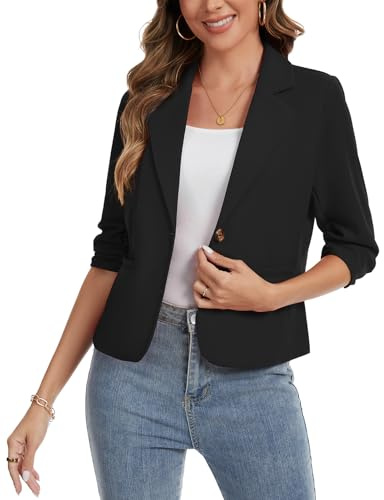Kyzoeyou Women's Cropped Blazer Elegant Ruched 3/4 Sleeve Blazers Jackets Casual Business Button Down Jacket Suits Slim Fit Workwear(Black X-Large)