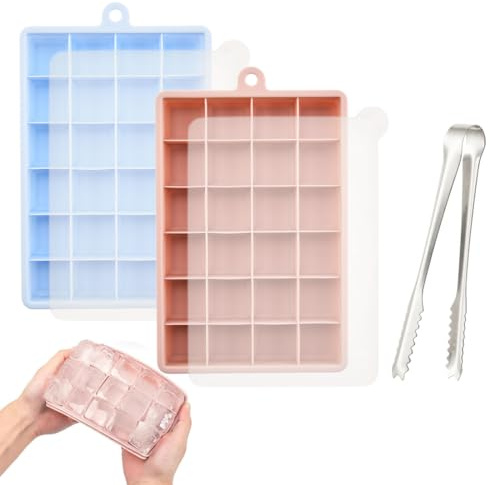 HAPZUR Stampo per Cubetti di Ghiaccio Silicone con Coperchio, 2 Vassoi Flessibili + Pinza Ghiaccio, Senza BPA, per Cocktail, Bevande & Alimenti per Neonati(Blu & Rosso)