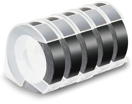 Onfektion 5 st 12 mm 3D-präglingstejp-etiketter på svart för DM1595 Organizer Xpress