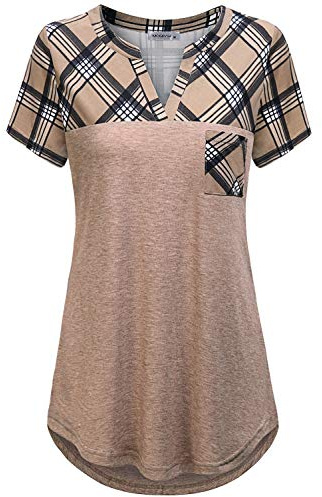MOQIVGI Casual Shirts for Women,Spring Short Sleeve Notch Neck Loose Fit Tops Plain Splicing Comfy Elastic Fashion Summer Tunics Checked V Blouses Ladies Latest Clothes Apricot XX-Large
