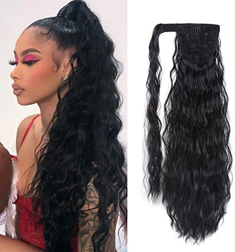 Corn Wave Ponytail Extension Clip in - 22 Inch Long Wavy Curly Wrap Around Pony Tail Heat Resistant Synthetic Hairpiece for Women (Natural Black #1B)