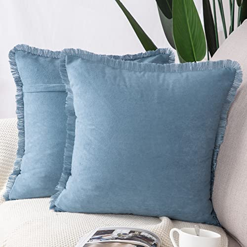 Madizz 2er Set Kissenbezügen aus Wildleder mit Fransenquasten Weiche dekorative Kissenbezüge für Sofa Schlafzimmer Kissenhülle Hellblau 40x40 cm Quadrat