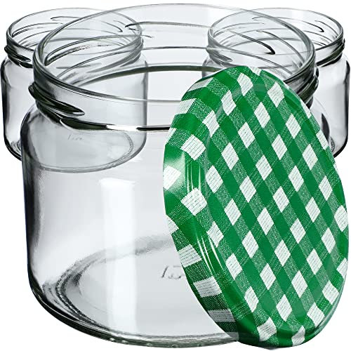 KADAX Lot de 50 bocaux à confiture avec couvercle à visser - 330 ml - Bocaux de conservation pour confitures, confitures, miel - Avec couvercle à visser (vert à carreaux)