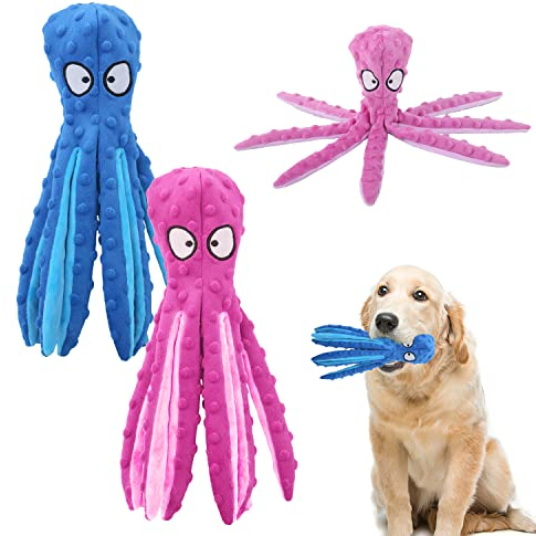 Quietschendes Hundespielzeug, 2 Stück, Oktopus-Spielzeug für Haustiere, aus Baumwolle, ohne Füllung, Kauspielzeug für Hunde (blau + lila)
