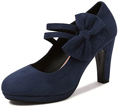 Elerhythm Women's Mary Jane Heels with Bow Retro Closed Round Toe Pumps Suede Chic Bowtie Vintage Sweet Office Dress Daily Shoes, Navy Blue, 8 UK