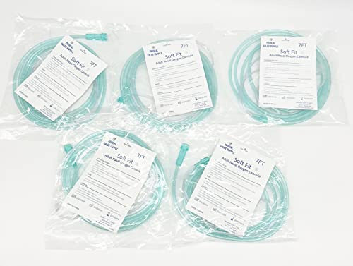 Medical Sales Supply Paquete de 5 cánulas de oxígeno nasal de vinilo súper suave al tacto, punta de cojín, conector estándar de 7 pies, paquete de 5