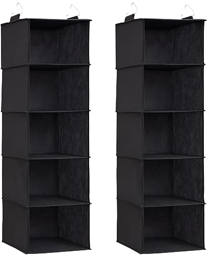 Lifewit 2 Stück Hängeregal, Schrank Organizer, Hängesystem Kleiderschrank, Hängeaufbewahrung aus Stoff, Ordnungssystem Kleiderschrank, Faltbar und Platzsparend mit Metallhaken, 5 Fächer, Schwarz