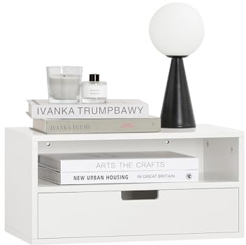 SoBuy Floating Bedside Table – Space-Saving Wall Shelf with Drawer & Open Shelf, Wall-Mounted Nightstand for Bedroom, W45 x D25 x H22cm, White, NKD03-W