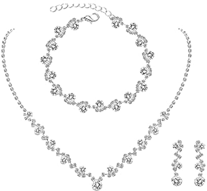 FDEETY Schmuckset für Damen Strass Brautschmuck Halskette Ohrrings Armband Set mit Kristallen Hochzeit Verlobung Brautjungfer Kleider Abschlussball Schmuck (Silber)