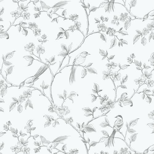 Yomshi White Self Adhesive Wallpaper - Bird Floral Pattern, 41x500CM, Thick Sticky Back Plastic Vinyl, Removable for Living Room, Bedroom Walls