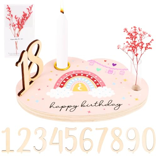 Byffoer Geburtstagsteller aus Holz,DIY Geburtstagsteller aus Holz mit Kerzenhalter Vase Holzzahlen 0-9 Gästebuch Geburtstagsdeko Geburtstagsgeschenk für Kinder, Baby, Erwachsene