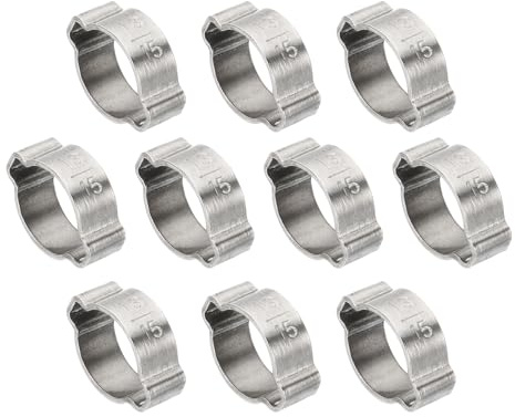 PATIKIL 10 Pack 13-15mm Double Ear Hose Clamp, 304 Stainless Steel | O Clip Crimp Rings for Fuel Petrol Pipe Tube Fitting Connections, Silver Tone