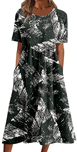 Women's Short Sleeve Maxi Summer Dresses Round Neck Pullover Dress Elegant Floral Printed Long Dress with Pocket Loose Flowy Hem Boho Dress Beach Daily Wear