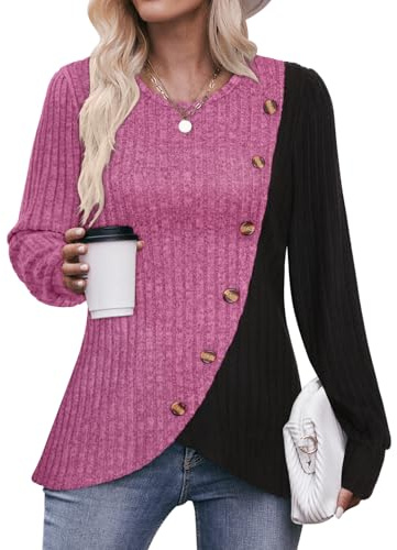Flikity Women's Jumpers, Long Sleeve Tops Women Crew Neck Jumper Sweater for Women UK Going Out Tops Ladies Jumpers Size 16-18 Fashion Spring Autumn Winter Clothes Pink L