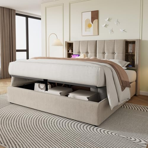 Dolamaní Doppelbett 160x200 cm, Polsterbett mit hydraulischem Stauraum & Kopfteil mit Kabellosem Laden USB C & Design des Staufachs, Bett Lattenrost aus Holz, Natürlich
