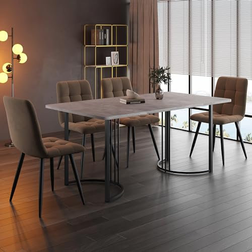 Generisk matgrupp 5 delar, 140 x 80 cm matbord med 4 sammetsstolar, modern MDF-bordsskiva med marmormönster, justerbara metallben, snygg och stabil, perfekt för kök och matsal.