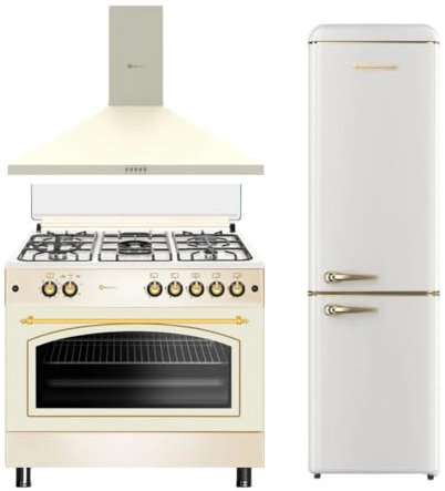 SOLTHERMIC PACK 3 EN 1 CREMA RUSTICO ACABADOS DORADOS F9L50G2-C 90 CM HORNO PANORAMICO + CAMPANA DECORATIVA + COMBI 2P FCR188C de 1,88 de alto y 55 de ancho gran capacidad 270L bajo consumo CLASE C