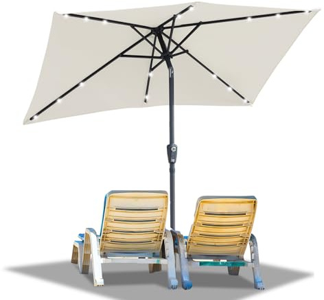 Ollewiellan Sonnenschirm LED Solar 300 x 200 cm Beige mit Kurbel | Sonnenschirm Rechteckig Ampelschirm Gartenschirm Terrassenschirm Sonnenschutz UV50+, Knickbar wasserdicht für Garten, ohne Ständer