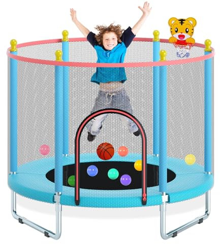 150cm Kindertrampolin für Indoor und Outdoor mit Sicherheitsnetz, Basketballkorb und robuster Sprungmatte – Wasserdicht, Verstellbar und bis 200 kg belastbar
