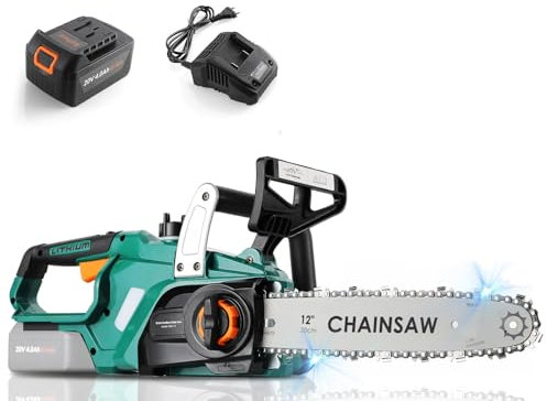 Motosierra Eléctrica 12 Pulgadas,Motor sin Escobillas con Li-Ion Batería 20V,Longitud de Corte de 30,5 cm,Velocidad Cadena 7.5m/s,Motosierra Batería Depósito Para El Aceite,Sistema Anti-Vibración