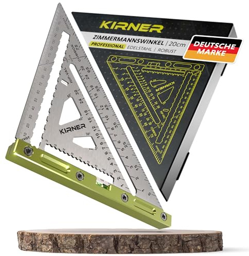 KIRNER Zimmermannswinkel 180mm – präziser Anschlagwinkel Metall aus Edelstahl mit innovativer Basis & Wasserwaage – Anreißwerkzeug, Winkelmesser & Schreinerwinkel | Tischlerwinkel in einem Tool