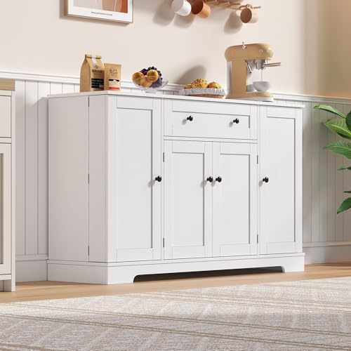 BXEYXE Multifunktionell köksbuffé – 138 cm skänk med låda. Hylldörrar och justerbara hyllor – modern design med tippskydd. perfekt för kök. Vardagsrum och sovrum