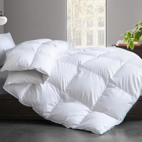 Feather and Down Comforter Insert Queen Size, 100% Cotton Cover, All Season White Down Feather Duvet Insert, Fluffy Soft Hotel Luxury Bedding for Bedroom, 90 x 90 Inches