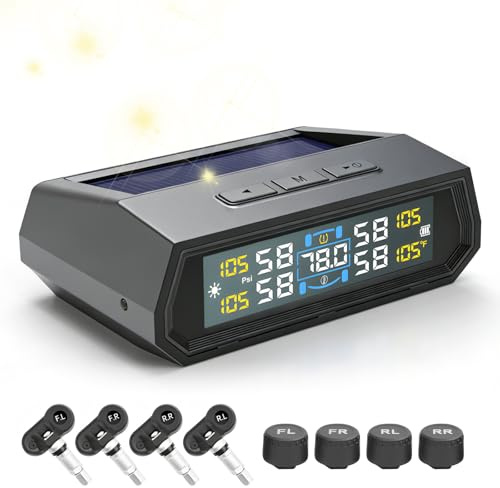 TPMS - Sistema di controllo della pressione degli pneumatici, a energia solare, con 4 sensori esterni, impermeabile IPX7, mini monitoraggio della pressione degli pneumatici per camper, camion, furgoni