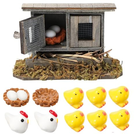13 stycken miniatyrhönshus med kycklingar, ägg och bon, bondgårdsinredning, krubbtillbehör för miniatyrträdgård, älva, trädgård, bondgård, tomtedörr, tillbehör