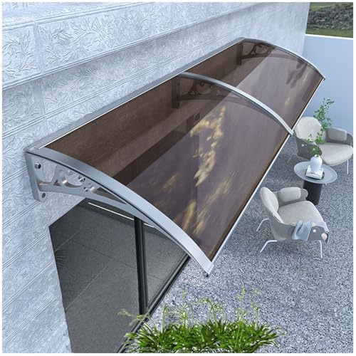 Utomhusdörrbaldakin – UV- och regnskydd i aluminium för ytterdörr, uteplats och trädgård – 80 cm x 299 cm (djup 50 cm till 80 cm) – brunt väderskydd