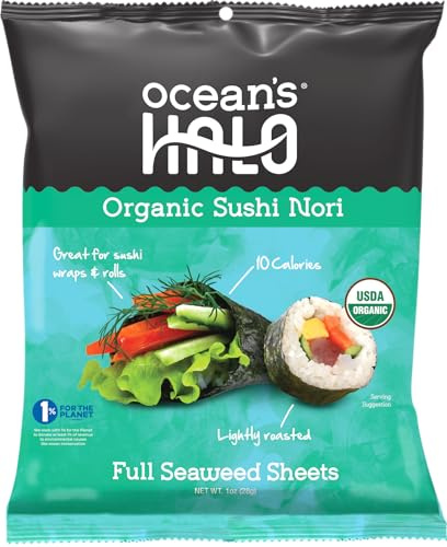 Ocean's Halo Sushi Nori Seaweed Sheets, Gluten Free, Vegan & Vegetarian, Ideal for Sushi Wraps & Rolls, Pack of 12 x 10 Full Sheets
