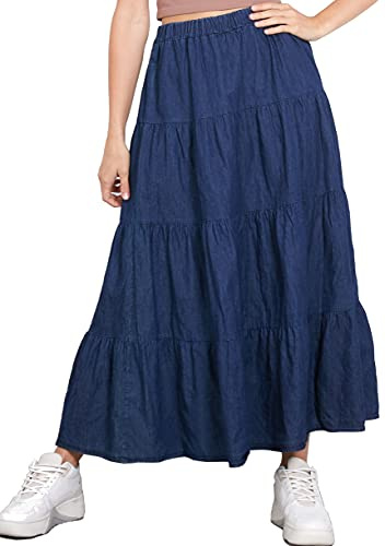 Van Der Rich ® - Gonna Lunga di Jeans con Vita Elastica - Donna (Blu Scuro, L-XL)