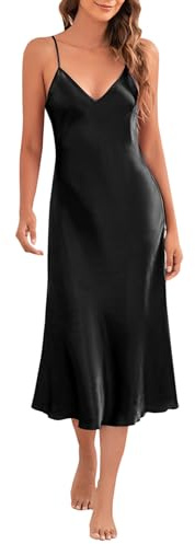 Marvmys Satin Nightdress for Women UK Long Negligees Strap Chemise Nighties for Ladies V Neck Full Slips Sleepwear Black XL