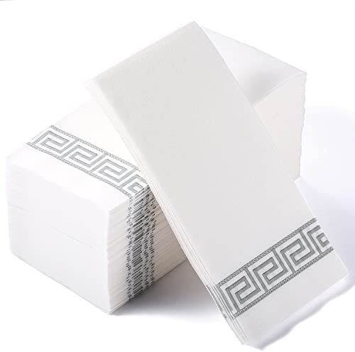 MORGIANA 100 PCS Linen Feel Disposable Paper Napkins 43 * 30 CM Classic Napkins Silver and White Paper Napkin Guest Towels for Party Wedding Anniversary Dinners or Events