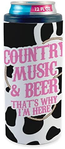 Country Music & Beer Cow Print Cowgirl Boot Design Nash Slim Can Cooler