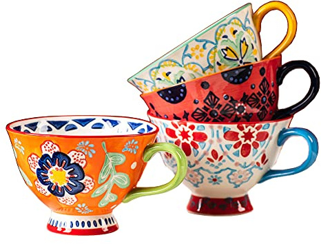 Bicuzat Hand-Painted Floral Pattern Large Capacity Ceramic Coffee Mugs - Jumbo Mugs, Tea, Milk, Cereal, Breakfast Cup Set of 4 - 14oz