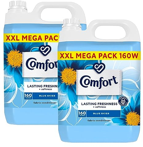 Comfort Blue Skies Fabric Conditioner XXL Mega Pack Fabric Softener Washing Liquid, Lasting Freshness and Softness with Stay Fresh Technology for 100 Days, 2 Packs of 160 Washes 4.8L