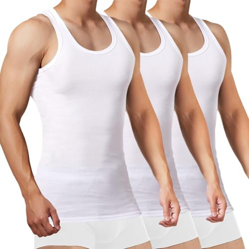 FALARY Sportunterhemden für Herren Unterhemd Herren Tank Top Herren Baumwolle Männer Tanktops Muskelshirts 3er Pack,(Weiß x3,L)