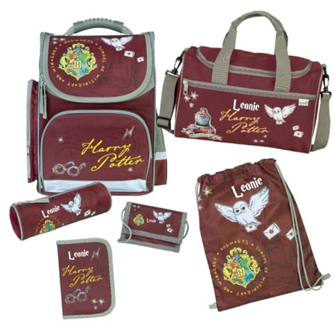 Schultasche Harry Potter Set 6-tlg - Personalisierter Inhalt Turnbeutel Geldbeutel Federmappe Sporttasche mit Name - Schulranzen 1. Klasse Mädchen Jungen