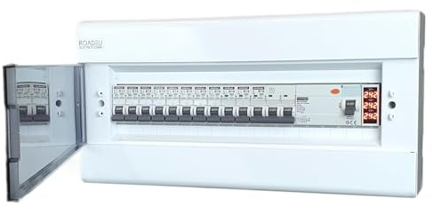 UK Consumer Unit - 11 Way B Type Fuse Box (including 1x3 Phase) with RCD and Voltage Indicator, Electrical Power Distribution Unit, Circuit Breaker Panel Board
