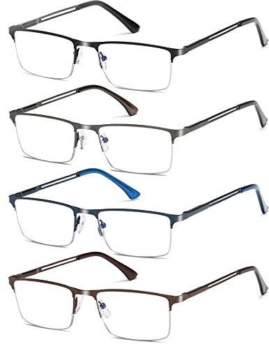 Fsread 4 Pack Halbe Rahmen Lesebrille für Herren Komfortable Robuste Leichtes Rechteckige Metallrahmen Blaulichtfilter Brille mit Federscharnier +1.5