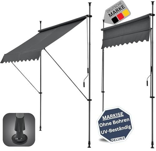 DELUKE® Klemmmarkise 200cm breit - mit Handkurbel | Balkonmarkise ohne Bohren, Sonnenschutz UV-beständig, Sonnenmarkise höhenverstellbar, Markise mit Gestell | 200x120x200-300cm Anthrazit