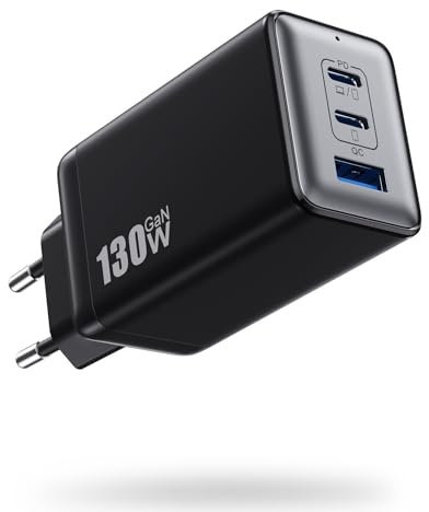 Caricatore USB C 130W, 3 Porte PD QC GaN III Alimentatore USBC, Caricatore Rapido Tipo C 65W Charger da Muro Compatibile con MacBook Pro/Air, Dell XPS, iPhone 16/15, iPad Pro, Galaxy, ecc-Nero