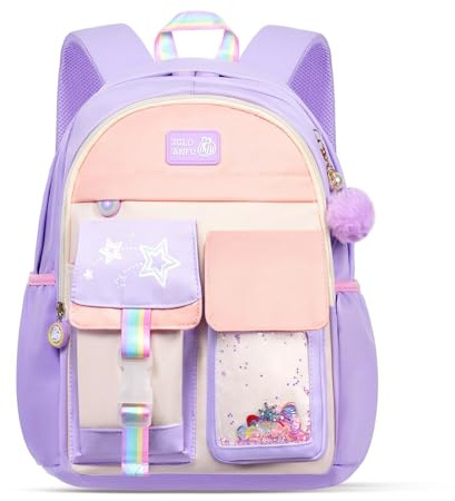 Aucuu Barnryggsäck, dagis skolväska, stor kapacitet primärt flicka skolväska, vattentäta skolväskor för barn flickor, A Violet-regnbåge-l, L