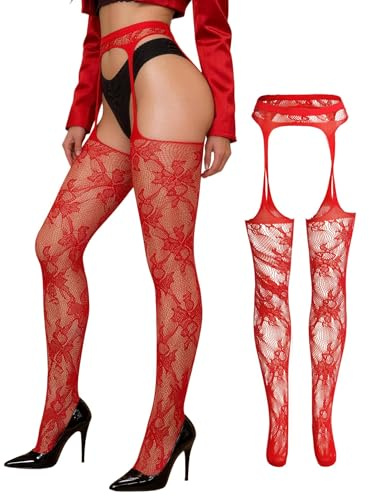 comeondear Medias con Liguero Sexy Mujer Encaje Talla Grande Medias Rejilla Liguero Malla de Cintura Alta Transparentes Calcetines Red Altas de Tirantes Pantimedias Elástica Lenceria Rojo,XS-M