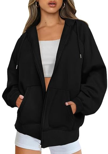 Timuspo Zip Jacke Damen Oversized Langarm Fleece Strickjacke mit Reißverschluss Stylische Vintage Pullover Y2K Hoodie Schwarz Sweatshirt L