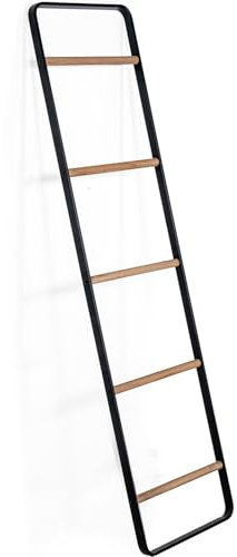 DRW Escalera toallero Decorativa de Metal y Madera en Negro y Natural 41x3x162 cm